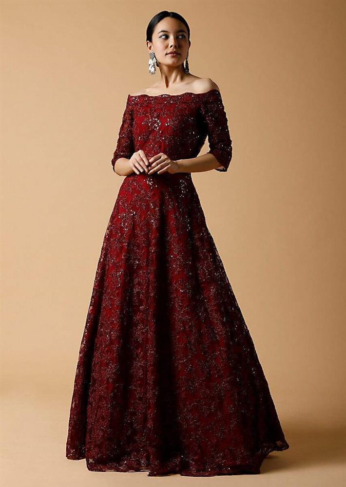 image of maroon off shoulder gown with 3,4 sleeves 